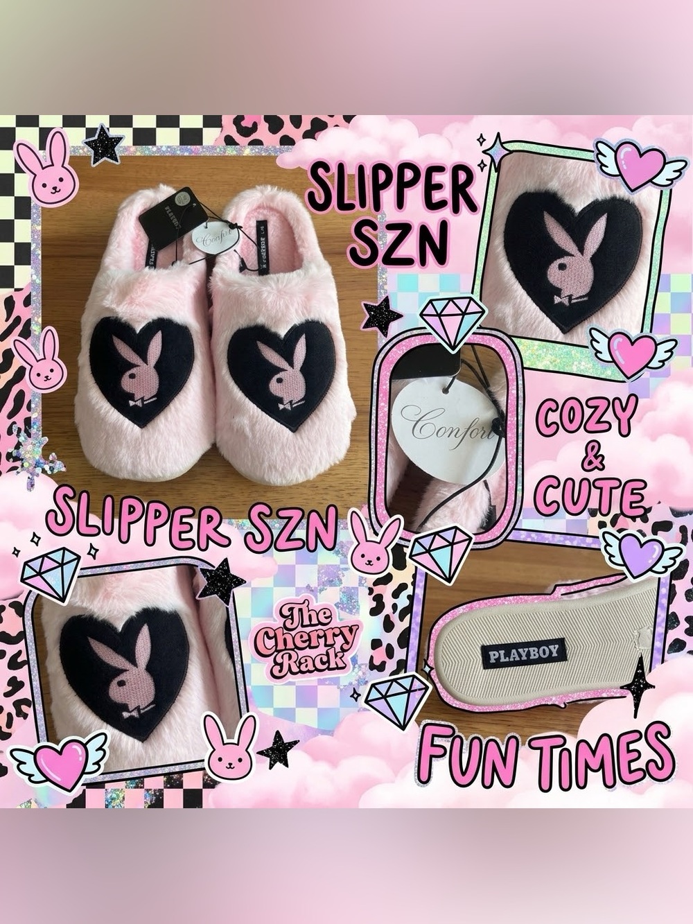 Playboy Pink Faux Fur Slip-On Comfort Slippers Bunny Heart Logo Women’s Large
